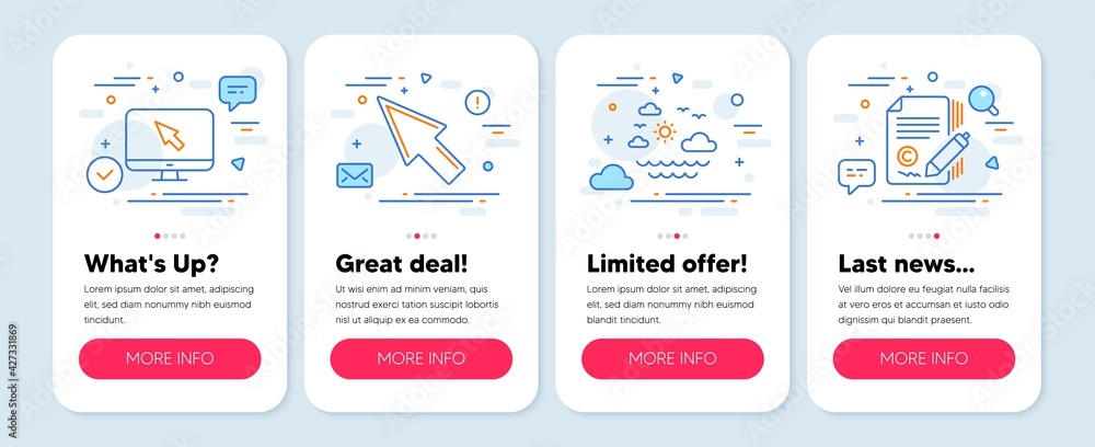 Set of Business icons, such as Travel sea, Internet, Mouse cursor symbols. Mobile screen app banners. Copywriting line icons. Summer holidays, Monitor with cursor, Click arrow. Vector