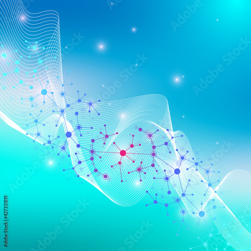 Scientific vector illustration genetic engineering and gene manipulation concept. DNA helix, DNA strand, molecule or atom, neurons. Abstract structure for Science or medical background. CRISPR CAS9.