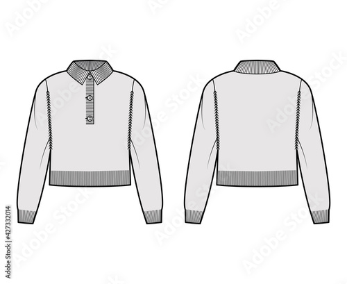 Polo cropped Sweater technical fashion illustration with rib henley neck, classic collar, long sleeves, relax fit, waist length. Flat garment apparel front, back grey color style. Women men CAD mockup