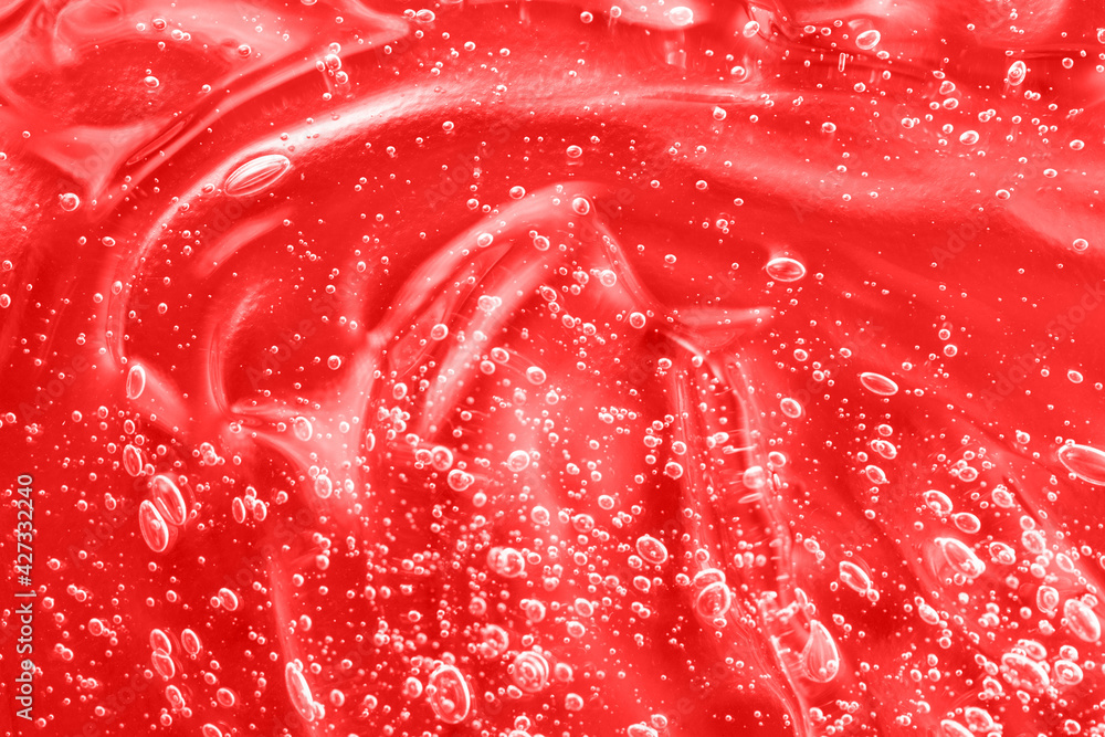 Serum liquid cosmetics, cream with collagen sample. Jelly cleanser cosmetic product. Red moisturizer smear smudge. Gel texture with bubbles. Hyaluronic acid toner with retinol swatch. Close-up, macro Serum liquid cosmetics, cream with collagen sample. Jelly cleanser cosmetic product. Red moisturizer smear smudge. Gel texture with bubbles. Hyaluronic acid toner with retinol swatch. Close-up, macro