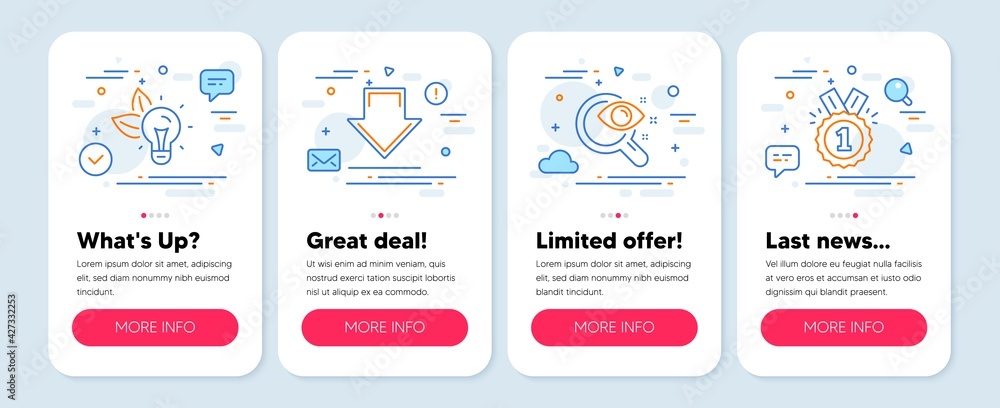 Set of Business icons, such as Eco energy, Vision test, Downloading symbols. Mobile app mockup banners. Approved line icons. Lightbulb, Eyesight check, Load information. Winner badge. Vector