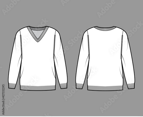 V-neck Sweater technical fashion illustration with long sleeves, oversized, hip length, knit rib trim. Flat jumper garment apparel front, back, white color style. Women, men unisex CAD mockup