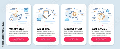 Set of Business icons, such as Eco energy, Vision test, Downloading symbols. Mobile app mockup banners. Approved line icons. Lightbulb, Eyesight check, Load information. Winner badge. Vector