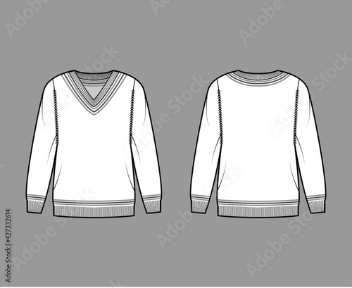 Cricket Sweater technical fashion illustration with stripes, rib V-neck, long sleeves, oversized, hip length, knit cuff trim. Flat apparel front, back, white color style. Women, men unisex CAD mockup