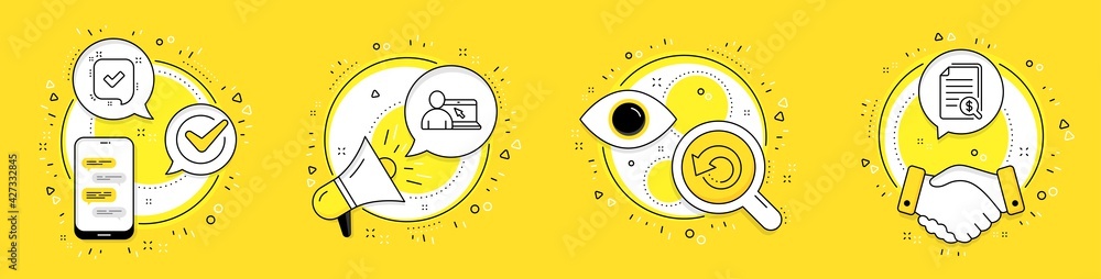 Recovery data, Confirmed and Online education line icons set. Cell phone, megaphone and deal vector icons. Financial documents sign. Backup info, Accepted message, Internet lectures. Vector Recovery data, Confirmed and Online education line icons set. Cell phone, megaphone and deal vector icons. Financial documents sign. Backup info, Accepted message, Internet lectures. Vector