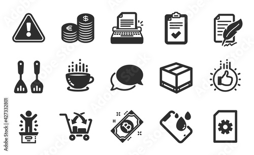 Smartphone waterproof, Cooking cutlery and Delivery box icons simple set. File management, Feather signature and Coffee cup signs. Bitcoin, Winner podium and Checklist symbols. Flat icons set. Vector