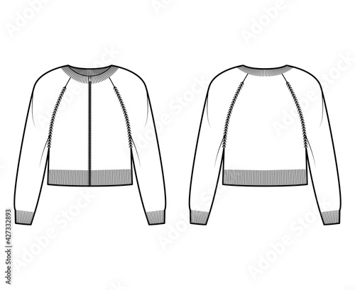 Zip-up cropped cardigan Sweater technical fashion illustration with rib crew neck, long raglan sleeves, knit trim. Flat jumper apparel front, back, white color style. Women men unisex CAD mockup