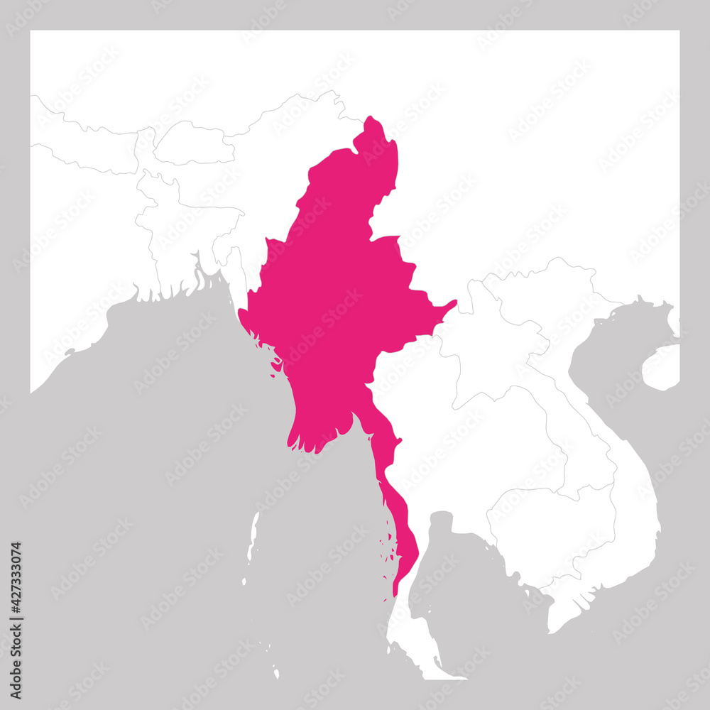 Obraz premium Map of Myanmar pink highlighted with neighbor countries