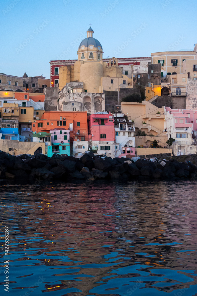 Procida Island, Campania, Italy, 12.05.2015: houses in the village of Marina of Corricella
