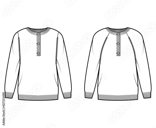 Set of Sweater henley neck technical fashion illustration with long raglan sleeves, oversized, hip length, knit rib cuff trim. Flat apparel front, white color style. Women, men unisex CAD mockup