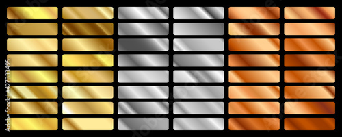 Gold, silver, bronze and golden foil texture gradation background set. Vector shiny hologram and metalic gradient collection for border, frame, ribbon, label design. Vector illustration