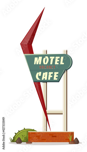 large street sign with the inscription - Motel Vacancy Cafe. Signpost for Motel in retro style. Vector illustration isolated on white