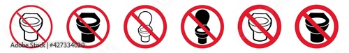 Prohibition Sign WC Restroom Forbidden Icon Set | Toilet Prohibition Signs Prohibited Vector Illustration Logo | Bathroom Prohibition Sign Isolated Collection