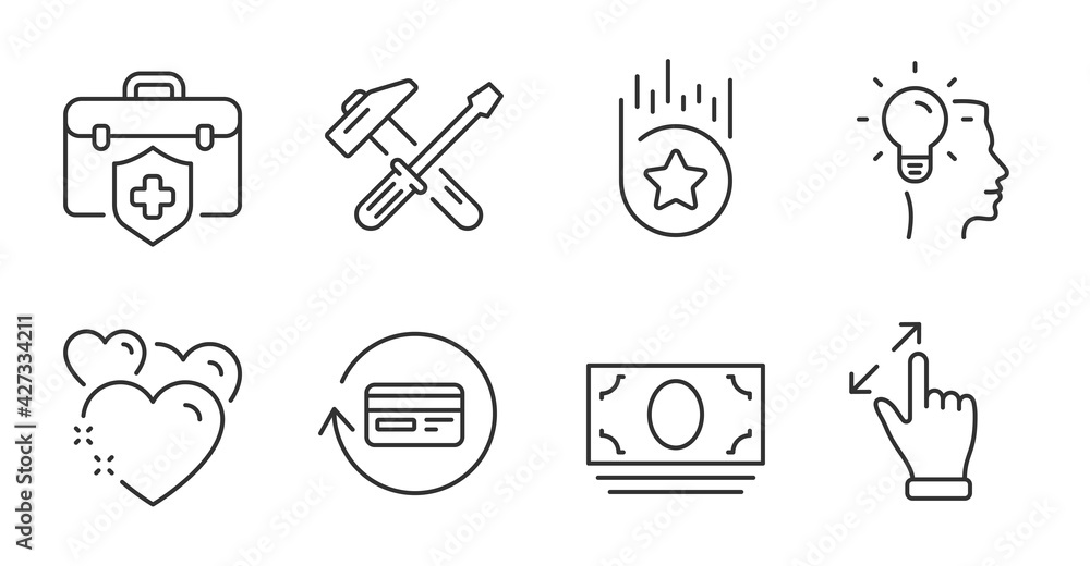 Fototapeta premium Touchscreen gesture, Idea and Cash money line icons set. Loyalty star, Heart and Hammer tool signs. Refund commission, Medical insurance symbols. Zoom in, Professional job, Banking currency. Vector