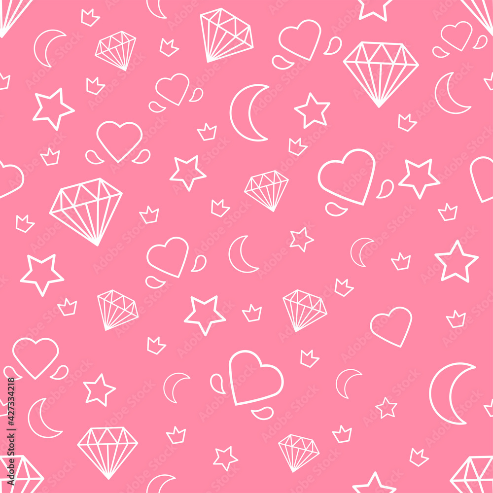 Cute seamless pattern with magic symbols Vector illustration White diamonds, heart signs, stars, moon, crowns in outlines on pink background