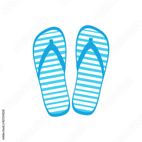 Beach slippers in blue with a white stripe on a light background
