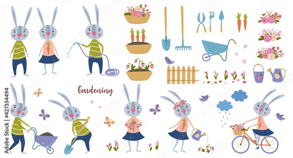 Set on the theme of gardening. Cartoon hares, flower beds, flower arrangements, watering strawberries, garden tools. Hare character. 