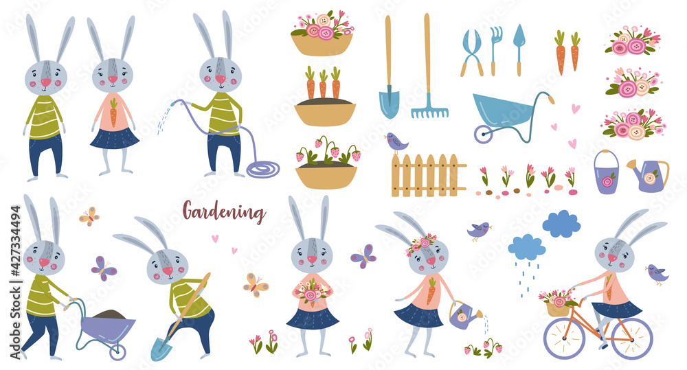 Set on the theme of gardening. Cartoon hares, flower beds, flower arrangements, watering strawberries, garden tools. Hare character. Set on the theme of gardening. Cartoon hares, flower beds, flower arrangements, watering strawberries, garden tools. Hare character.