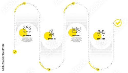 Technical info, Meeting and Gluten free line icons set. Timeline process infograph. Hold heart sign. Documentation, Business collaboration, Bio ingredients. Friendship. Business set. Vector