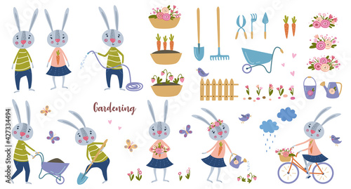 Set on the theme of gardening. Cartoon hares, flower beds, flower arrangements, watering strawberries, garden tools. Hare character. 