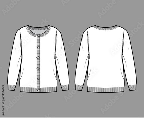 Round neck cardigan technical fashion illustration with button closure, long sleeves, oversized, hip length, knit rib trim. Flat Sweater apparel front, back, white color style. Women, men CAD mockup