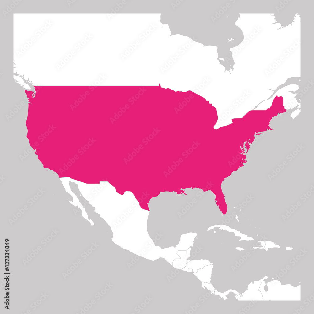 Map of United States of America, USA, pink highlighted with neighbor countries