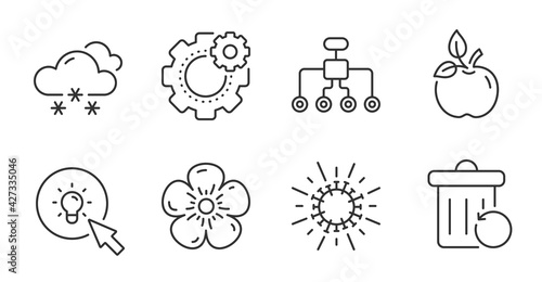 Restructuring, Energy and Coronavirus line icons set. Cogwheel, Eco food and Snow weather signs. Recovery trash, Natural linen symbols. Delegate, Turn on the light, Infection. Science set. Vector