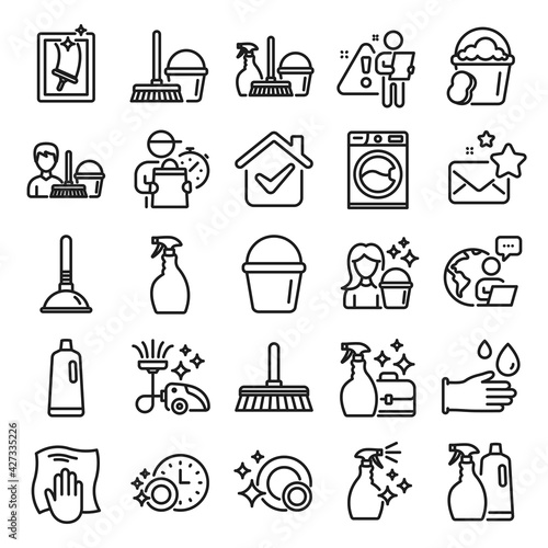 Cleaning line icons. Laundry, Window sponge and Vacuum cleaner icons. Washing machine, Housekeeping service and Maid cleaner equipment. Window cleaning, Wipe off, laundry washing machine. Vector