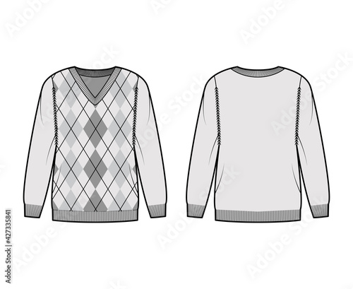 Argyle Sweater technical fashion illustration with rib V- neck, long sleeves, oversized, fingertip length, knit cuff trim. Flat jumper apparel front, back grey color style. Women men unisex CAD mockup