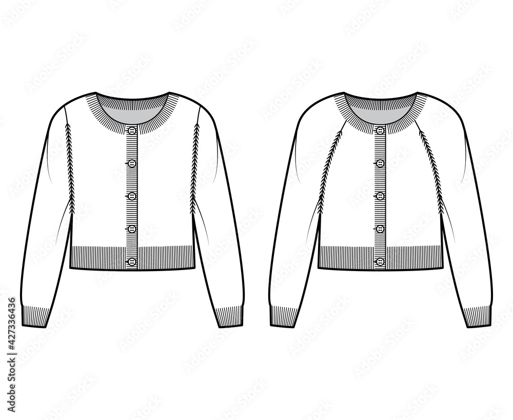 Set of Round neck cropped cardigan technical fashion illustration with long  raglan sleeves, oversized, waist length, knit rib cuff. Flat apparel front,  white color style. Women, men unisex CAD mockup Векторный объект