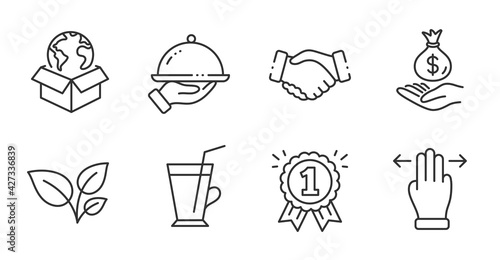 Multitasking gesture, Leaves and Delivery service line icons set. Income money, Coffee cup and Reward signs. Restaurant food, Handshake symbols. Swipe, Grow plant, International parcel. Vector