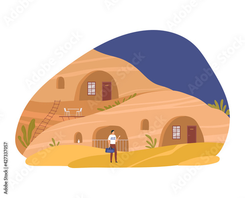 Best cave hotels in Cappadocia, Turkey, stone house, colorful landscape, hostel for travelers, cartoon style vector illustration.