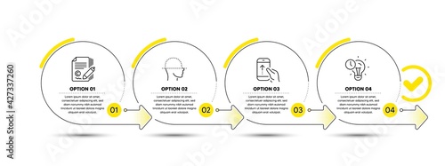Swipe up, Face scanning and Copywriting line icons set. Timeline process infograph. Time management sign. Scrolling screen, Faces detection, Copyright signature. Idea lightbulb. Science set. Vector