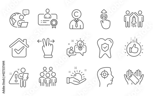 Like hand, Certificate and Sunny weather line icons set. Swipe up, Dental insurance and Idea signs. Partnership, Copyrighter and Recruitment symbols. Line icons set. Vector