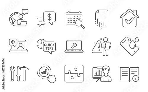 Recovery file, Medical help and Technical info line icons set. Graph chart, Puzzle and Smartphone waterproof signs. Spanner tool, Quick tips and Laptop repair symbols. Line icons set. Vector