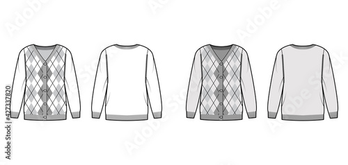 Argyle cardigan technical fashion illustration with rib V-neck, long sleeves, oversized, fingertip length, knit cuff trim. Flat sweater apparel front, back white grey color style. Women men CAD mockup