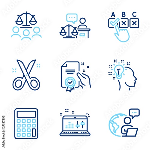 Education icons set. Included icon as Correct checkbox, Certificate, Court jury signs. Sound check, Scissors, Idea symbols. Calculator, Court judge line icons. Answer, Certified guarantee. Vector