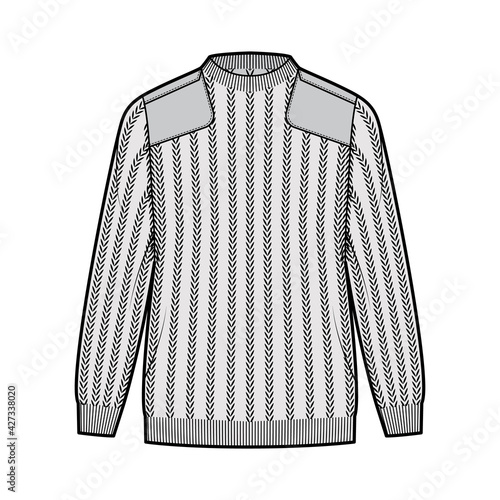 Army Sweater technical fashion illustration with rib crew V-neck, long sleeves, oversized, hip length, knit cuff trim. Flat jumper apparel front, grey color style. Women, men unisex CAD mockup