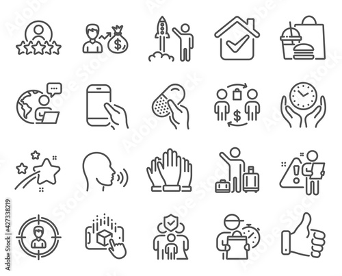 People icons set. Included icon as Buying process  Headhunting  Launch project signs. Sallary  Vote  Hold smartphone symbols. Like hand  Airport transfer  Safe time. Capsule pill. Vector