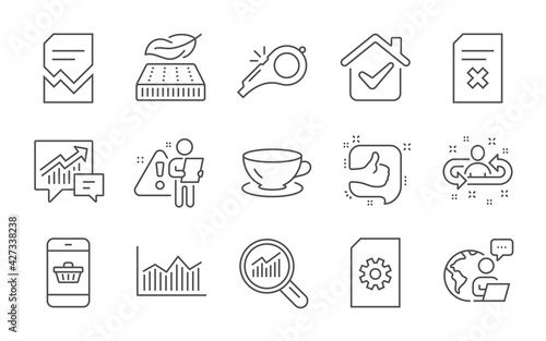 Recruitment, Espresso and Data analysis line icons set. File management, Like and Whistle signs. Corrupted file, Smartphone buying and Money diagram symbols. Lightweight mattress, Accounting. Vector