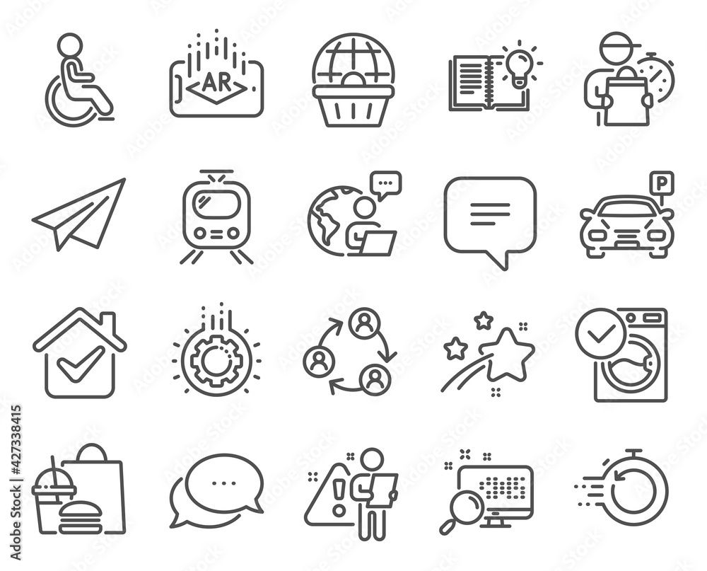 Technology icons set. Included icon as Online shopping, Paper plane, Washing machine signs. Text message, Parking, Product knowledge symbols. Fast recovery, Teamwork, Train. Dots message. Vector Technology icons set. Included icon as Online shopping, Paper plane, Washing machine signs. Text message, Parking, Product knowledge symbols. Fast recovery, Teamwork, Train. Dots message. Vector
