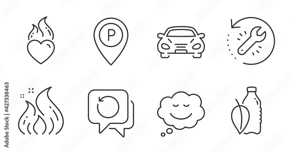 Recovery tool, Water bottle and Recovery data line icons set. Fire energy, Parking and Speech bubble signs. Car, Heart flame symbols. Backup info, Mint leaf drink, Flame. Business set. Vector