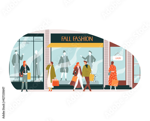 Fall fashion, lettering on building shop, retail, stylish store, large glass windows boutique, cartoon style vector illustration.