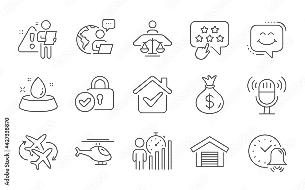 Parking garage, Verified locker and Microphone line icons set. Alarm bell, Helicopter and Smile chat signs. Money bag, Court judge and Connecting flight symbols. Line icons set. Vector