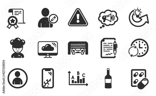 Share idea, Survey results and Avatar icons simple set. Cooking chef, Megaphone and Agreement document signs. Update time, Cloud storage and Capsule pill symbols. Flat icons set. Vector