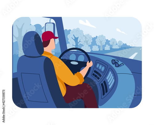 Truck driver work, large truck cabin, work transport, reliable vehicle, professional driver, cartoon style vector illustration.