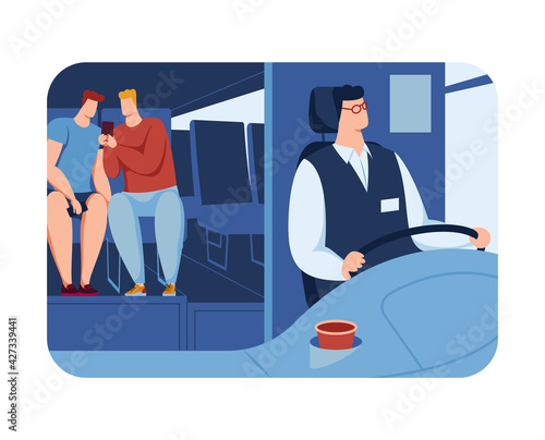 View inside bus, professional driver is carrying passengers, people travel by public transport, cartoon style vector illustration.