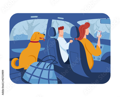 Trip out town, convenient transportation, experienced car driver, favorite pet, family travel, cartoon style vector illustration.