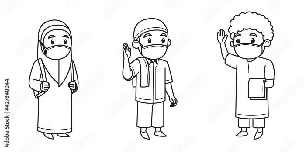 Muslim Kids Character Wearing Face Mask Wave Each Other. Vector Illustration. Coloring Book Illustration. Muslim Kids Character Wearing Face Mask Wave Each Other. Vector Illustration. Coloring Book Illustration.