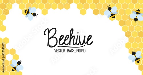 Beehive flat style vector background. Cartoon illustration with beehive cells and flying bees isolated on white background. Summer colorful design template for banner, poster, greeting card, party etc